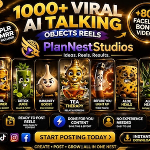 May include: A promotional graphic with the text "1000+ Viral AI Talking Objects Reels" and "PlanNest Studios." The image features animated product illustrations, including a bottle, juice, garlic, and tea. Additional text includes "Instant Download."