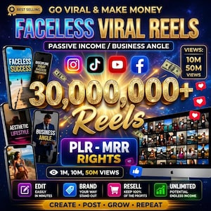 Könnte beinhalten: Eine digitale Marketinggrafik mit dem Titel Faceless Viral Reels, goldenem Text, Social-Media-Symbolen, Smartphone-Mockups mit Videoinhalten, einem Computermonitor mit einer Clip-Rasteransicht und dem Text PLR-MRR Rights.