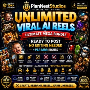 Puede incluir: Un gráfico de paquete de marketing digital titulado Unlimited Viral AI Reels de PlanNest Studios. La imagen muestra varias pantallas de teléfonos inteligentes con personajes y escenas generadas por IA, con texto que destaca la descarga instantánea, los derechos PLR MRR y que no se necesita edición para el contenido de redes sociales.