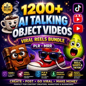 May include: A promotional graphic for a digital product bundle. The image features animated objects like a coffee cup, book, shoe, and avocado. Text includes "1200+ AI Talking Object Videos" and "Viral Reels Bundle" with icons for social media platforms.