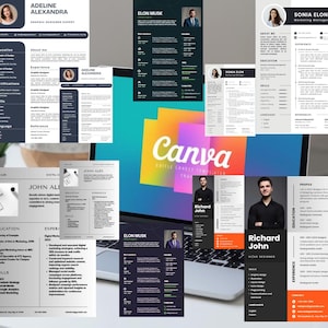 May include: A collection of resume templates displayed on a laptop screen. The resumes feature various designs and layouts, with sections for education, experience, and skills. The Canva logo is visible, indicating the templates are editable.