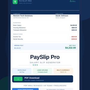 May include: A digital payslip generator interface titled PaySlip Pro, displaying a sample salary slip for Horizon Tech Solutions with earnings, deductions, gross pay of $5,100.00, and net pay of $4,332.00, featuring buttons for PDF download and settings.