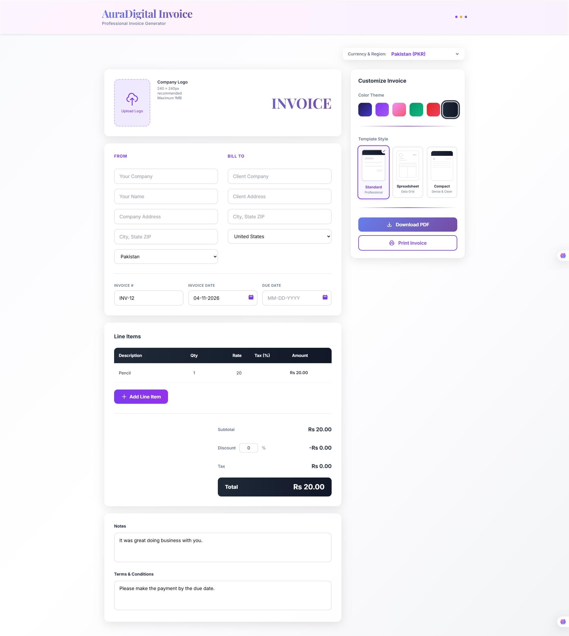 React Invoice Generator | Customizable PDF Billing Software (digital ...