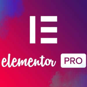 May include: The Elementor logo shows a white 'E' symbol above the word 'elementor' in a cursive font. The word 'PRO' is in a white box. The background is a gradient of red, purple, and blue.