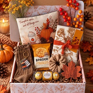 May include: A gift box containing a canvas pouch with the text Pumpkin spice and all things nice, a pair of brown knit socks, a book-themed keychain, a pack of Border Golden Oat Crumbles, two Ferrero Rocher chocolates, a scrunchie, and a maple leaf coaster.