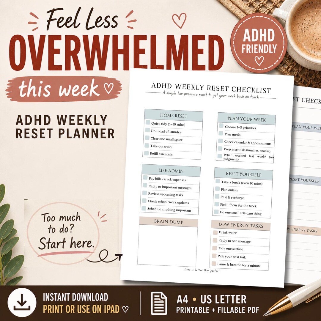 ADHD Weekly Reset Planner Printable, Sunday Reset Checklist for Moms ...