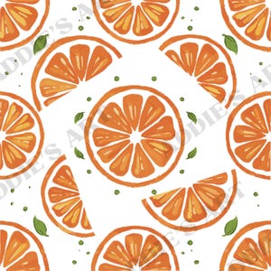 May include: A repeating pattern of orange slices and green leaves against a white backdrop. The orange segments are depicted in various arrangements, with a vibrant orange hue and detailed segments. Small green leaves are scattered throughout, adding a fresh, natural element.