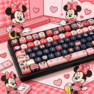 Zestaw 140 klawiszy z motywem Myszki Miki, materiał PBT i profil MOA, klawiatura mechaniczna z niestandardowym układem klawiszy | DIY Keycap | Prezent dla niej