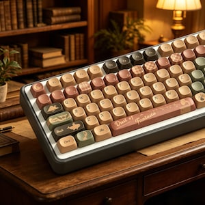 May include: A mechanical keyboard with a vintage aesthetic. The keycaps are a mix of brown, beige, and green, with some featuring decorative patterns. The space bar reads "Dust of Fantasia". The keyboard sits on a wooden desk.