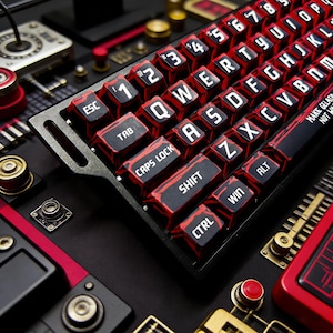 May include: A close-up of a mechanical keyboard with red and black keycaps. The keycaps have white lettering and numbers. The keyboard is surrounded by other mechanical components and tools.