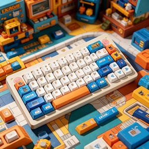 May include: A cream-colored mechanical keyboard with white, blue, and orange keycaps. The keyboard has a variety of icons and text on the keys, including "ENTER" and "BACK SPACE". The keyboard is surrounded by colorful toy-like structures.