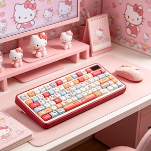 Pode incluir: Um conjunto de teclado e rato com o tema Hello Kitty em vermelho e branco. O teclado tem teclas coloridas com desenhos da Hello Kitty. O rato é rosa com um gráfico da Hello Kitty. A configuração da secretária inclui figuras da Hello Kitty, um monitor e um bloco de notas.