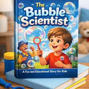 May include: A children's book titled "The Bubble Scientist" with a vibrant cover illustration of a boy and an older man blowing bubbles. The cover includes the title and the tagline "A Fun and Educational Story for Kids."