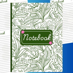 Könnte beinhalten: Ein liniertes Notizbuch mit grünem Blumendesign. Das Cover zeigt ein detailliertes Muster aus Blättern, Blumen und Beeren in Grün auf weißem Hintergrund. Das Wort "Notebook" steht in weißer Schrift auf einem grünen Rechteck mit rosa Blumenakzenten.