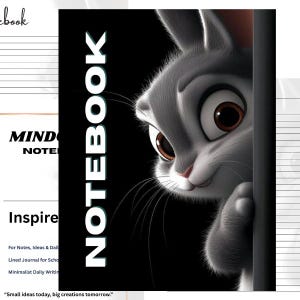 Könnte beinhalten: Ein Notizbuch mit schwarzem Einband und dem Wort "NOTEBOOK" in weißer, vertikaler Schrift. Ein Cartoon-Kaninchen mit großen braunen Augen schaut von der rechten Seite hervor. Das Notizbuch ist für Notizen, Ideen und tägliches Schreiben.
