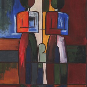 May include: An abstract painting featuring two stylized figures standing side by side. The figures are composed of geometric blocks of color including red, blue, green, and white. The background consists of vertical and horizontal panels in deep shades of red, blue, and brown, creating a structured, multi-colored composition.