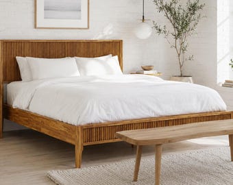 Solid Acacia Wood Bed Frame with Headboard, Platform Bed, Mid Century Modern Fluted Bed Frame, No Box Spring Needed, Easy Assembly