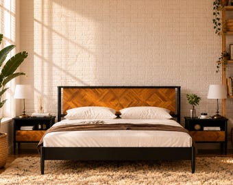 Bed Frame with Nightstands, Solid Acacia Wood Platform Bed, Chevron Headboard, Modern Farmhouse Bedroom Set