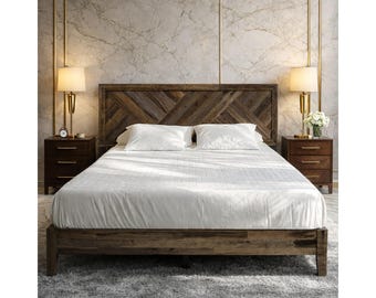 Bed Frame Queen Size Acacia Wood with Adjustable Headboard, Solid Wood Platform Bed Walnut Finish, Noise Free, No Box Spring