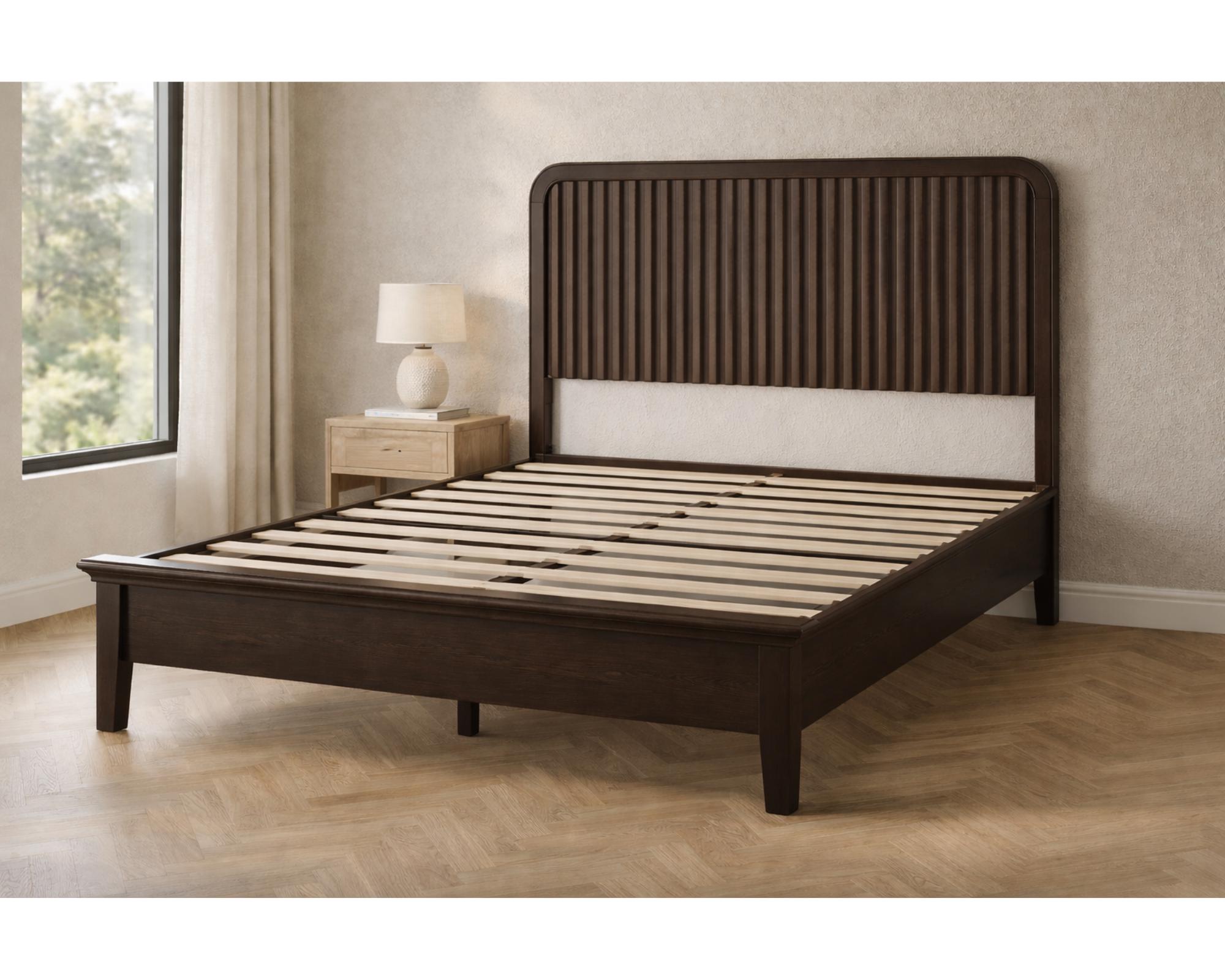 Bed Frame Queen Size Solid Wood Walnut Fluted Headboard Platform Bed ...