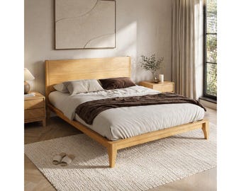 Bamboo Platform Bed Frame with Headboard, Mid Century Modern Wood Bed, King Queen Full, No Box Spring, Solid Slats