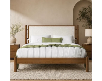Queen Size Solid Wood Bed Frame with Boucle Upholstered Headboard, Walnut  Platform Bed, Modern Mid Century Bed Frame