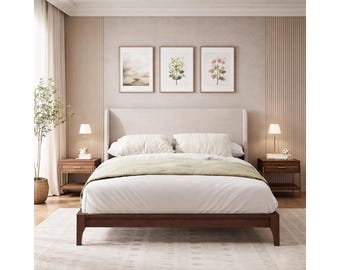 Bed Frame King Size Bamboo Platform Bed with Upholstered Wingback Headboard, Wood Slats Support, No Box Spring, Easy Assembly