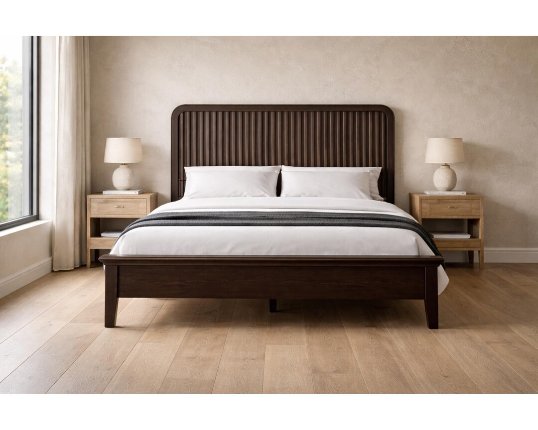 Bed Frame Queen Size Solid Wood Walnut Fluted Headboard Platform Bed ...