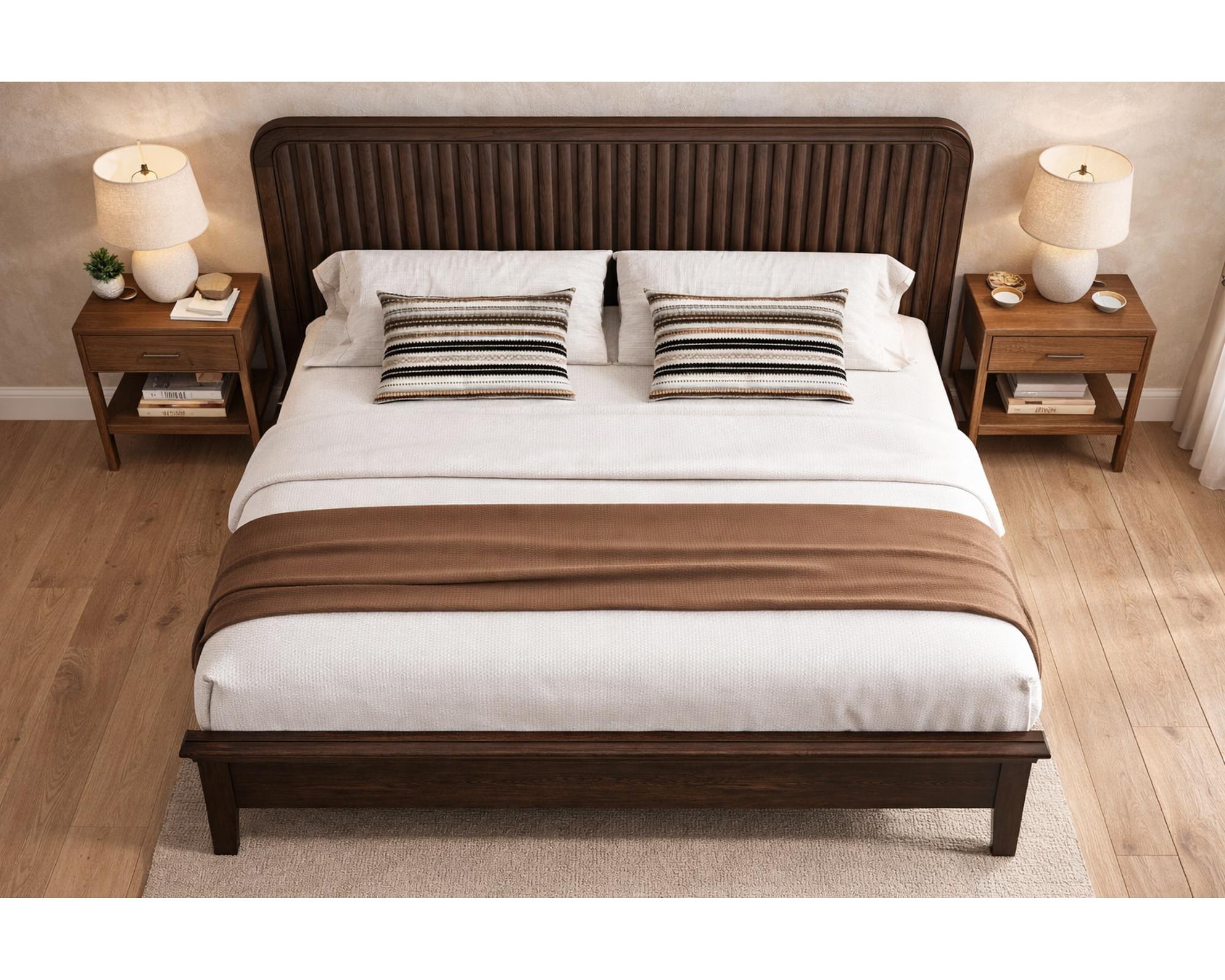 Bed Frame Queen Size Solid Wood Walnut Fluted Headboard Platform Bed ...