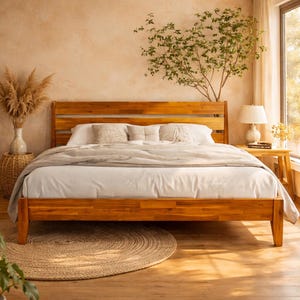 May include: A wooden bed frame with a headboard and footboard. The bed is made of light brown wood and has a simple, modern design. The bed is made up with white sheets and a light gray blanket. A round, woven rug sits on the floor in front of the bed.