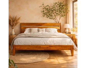 Bed Frame King Size Solid Wood Platform Bed with Headboard, Mid Century Modern Acacia Wood Bed Frame, Sturdy Non-Slip Mattress Support