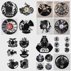 May include: A collection of black vinyl record clocks with various designs. Themes include a motorcycle, a barber shop, a Hulk figure, and characters from Star Wars, Fortnite, and The Jungle Book. The clocks have different colored clock faces.