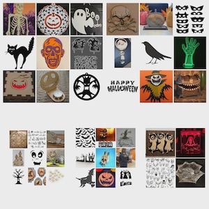 Puede incluir: Colección de adornos y recortes de madera con temática de Halloween. Incluye esqueletos, calabazas, fantasmas, calaveras, murciélagos y el texto "HAPPY HALLOWEEN". Varios colores y diseños para decoración de temporada.