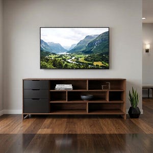 May include: A modern, low-profile media console with a dark wood finish and black drawer fronts. The console features open shelving, a decorative accent, and a black vase with a plant. A large framed landscape painting hangs above the console.