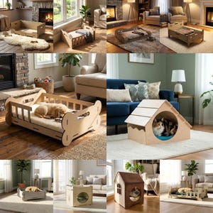 Puede incluir: Una colección de camas y casas de madera para mascotas. Las camas varían en diseño, incluyendo una cama rectangular, una cama con cabecero y piecero, y una cama con diseño de hueso. Las casas incluyen una casa para gatos en forma de casa y una casa para gatos en forma de cubo.
