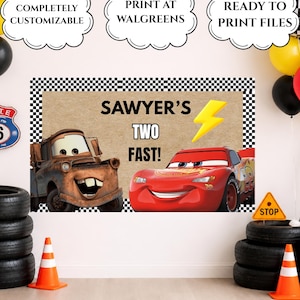 Bilar-inspirerad födelsedagsbannermall, Tow Mater och Lightening McQueen (digital nedladdning) bild 1
