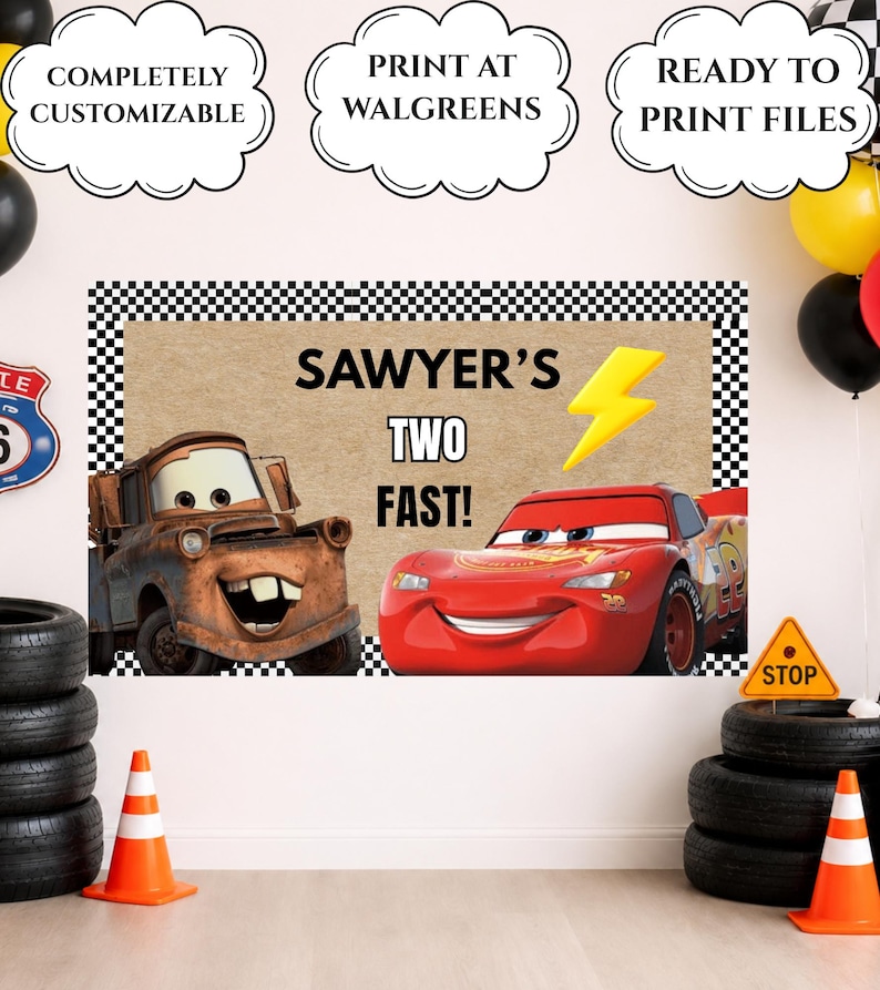 Bilar-inspirerad födelsedagsbannermall, Tow Mater och Lightening McQueen (digital nedladdning) bild 1