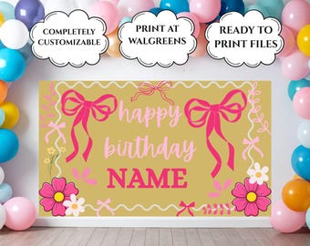Coquette Birthday Banner Template | Editable Canva Sign | Bow Preppy Theme (Digital Download)  35x60