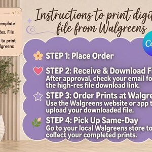 May include: Instructions for printing digital files from Walgreens are displayed on a beige background. The steps are outlined in a purple cloud shape with floral and heart icons. The Canva logo is in a blue circle.