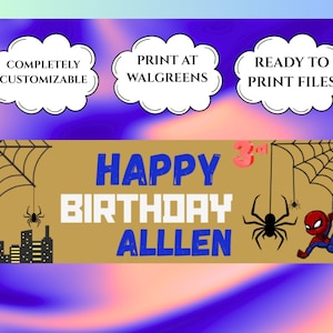 May include: A customizable birthday banner with a gold background, blue and white text that reads "HAPPY BIRTHDAY ALLEN". The banner features spiderwebs, spiders, and a cartoon Spider-Man character. The banner also includes the text "3rd".