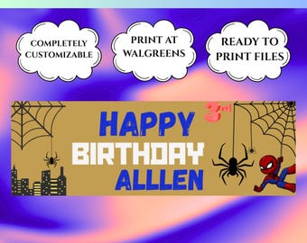 Spider-Man-födelsedagsbanner | Redigerbar Canvas-mall (digital nedladdning)