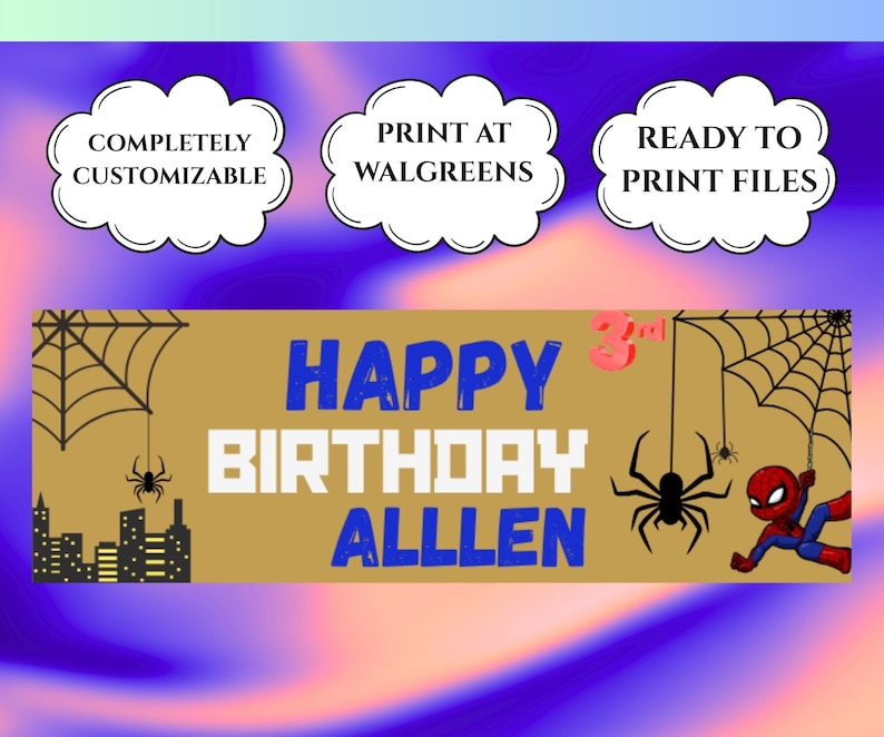 May include: A customizable birthday banner with a gold background, blue and white text that reads "HAPPY BIRTHDAY ALLEN". The banner features spiderwebs, spiders, and a cartoon Spider-Man character. The banner also includes the text "3rd".