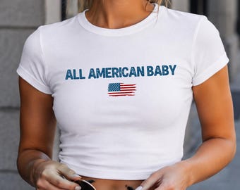 All American Baby USA Flag Baby Tee, Patriotic Women Fourth of July Gift, Y2K Americana Crop Top