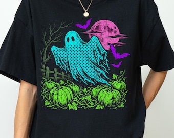 Neon Polka Dot Ghost Shirt, Colorful Halloween Gift, Ghost Pumpkin Bats Moon Shirt, Spooky Fall Party Top