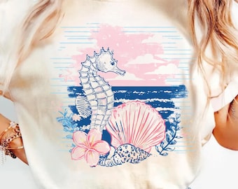 Retro Coastal Seahorse & Seashell Shirt, Summer Beach Vacation Gift, Ocean Lover Tee, Sea Life Graphic Sweatshirt