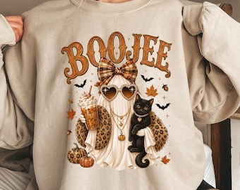 Boo-Jee Ghost Sweatshirt, Funny Girly Halloween Gift, Leopard Ghost Coffee Shirt, Retro Spooky Fall Top