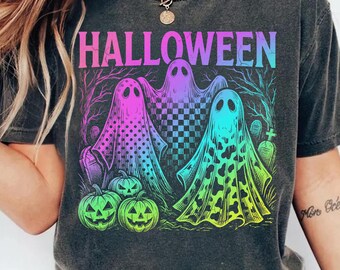 Neon Ghost Halloween Graphic Shirt, Colorful Halloween Gift, Cute Ghost Pumpkin Shirt, Spooky Fall Party Top