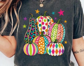 Colorful Pumpkins Shirt, Preppy Thanksgiving Gift, Girly Autumn Graphic Tee, Cute Fall Sweatshirt