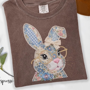 Bunny With Glasses Faux Patchwork Tee, Easter Bunny Bow Shirt, Spring Coquette Bunny Tee, Country Patched Cottagecore Comfort Colors Top