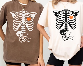 Halloween Pregnancy Skeleton Shirt, Pregnancy Announcement Gift, Funny Pregnant Maternity Tee, October Baby Reveal